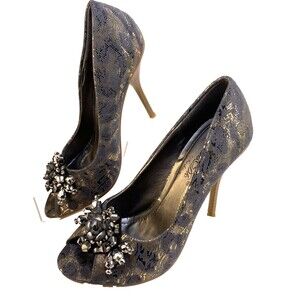 Db Dk Women’s Size 8 Risley-1 Pump Peep Toed 4" Stiletto Heels Rhinestone Detail